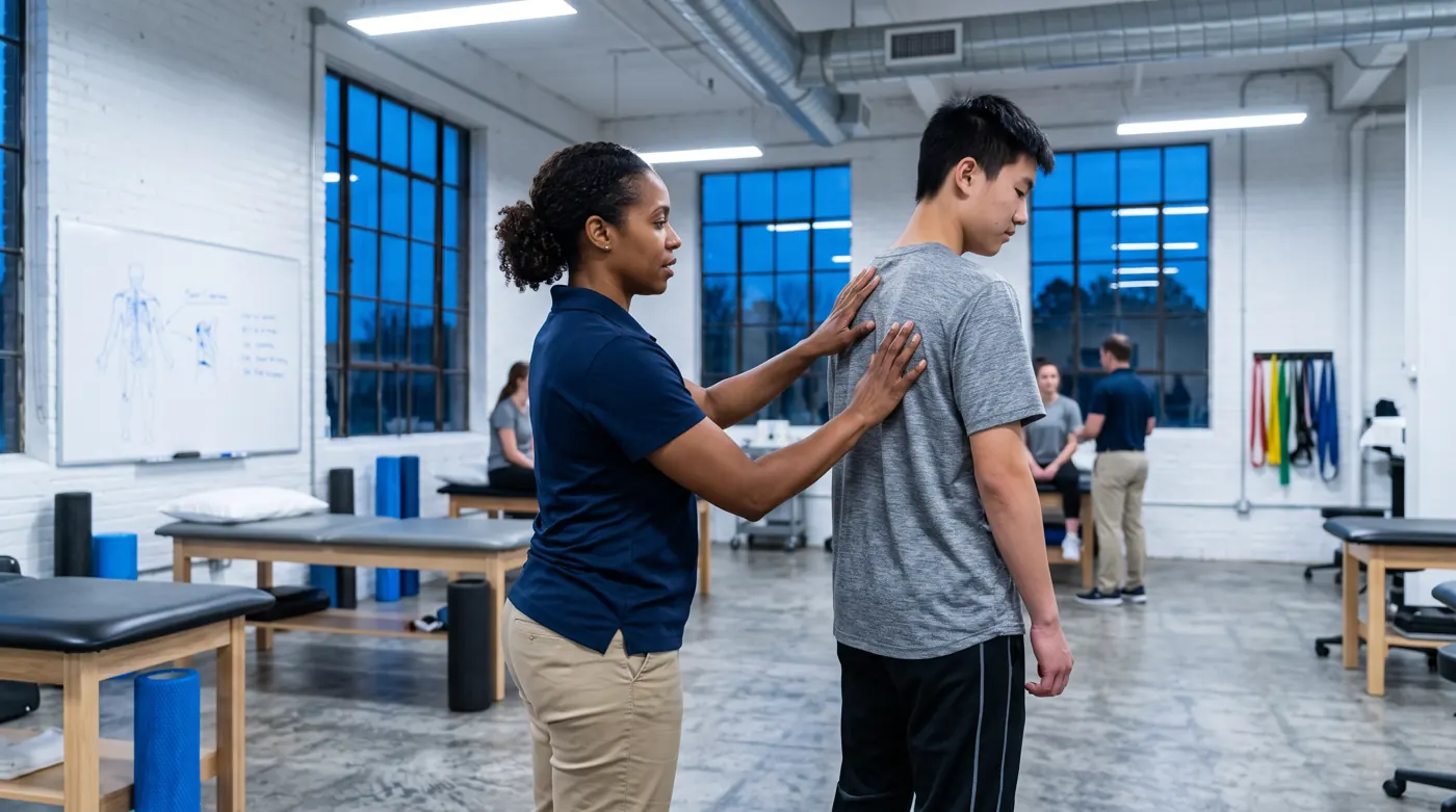 Physical therapist checking a patient's back and posture