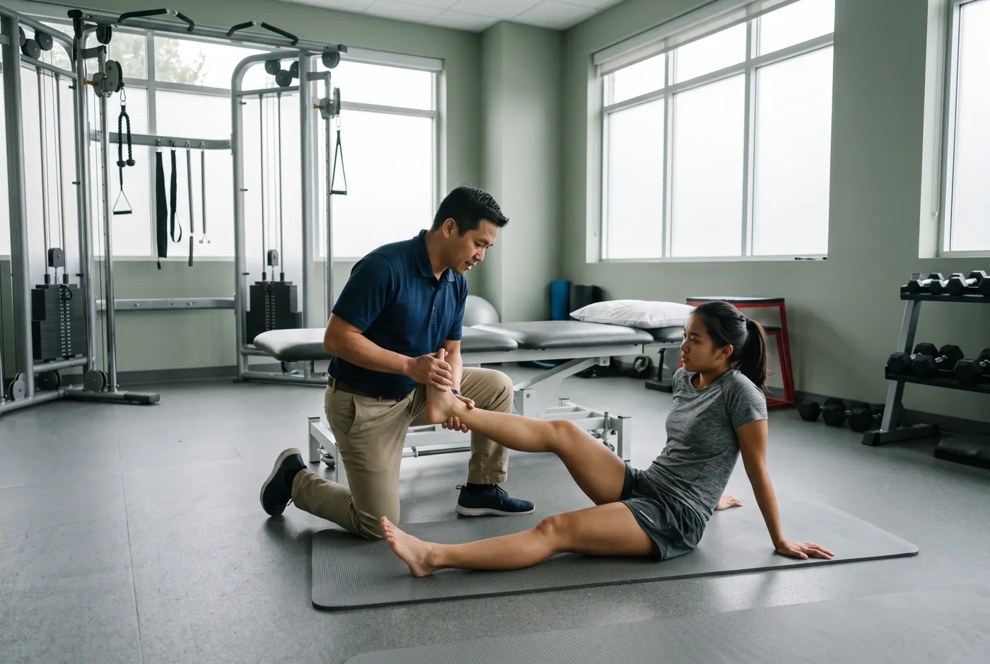 Physical therapist assessing a patient's foot and ankle in a clinic gym setting
