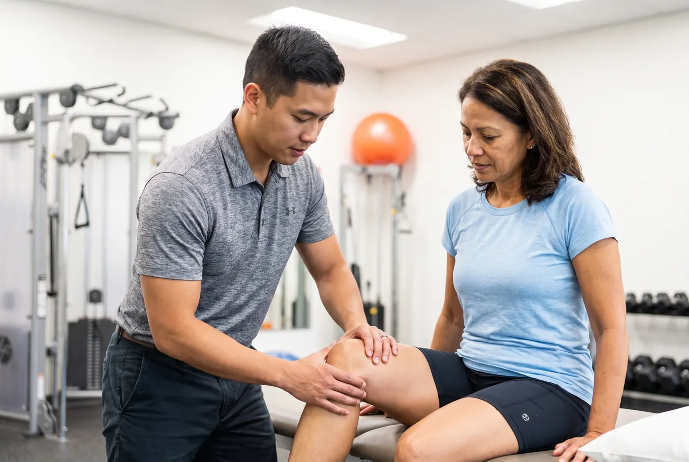 Physical therapist assessing a patient's knee during a manual therapy evaluation