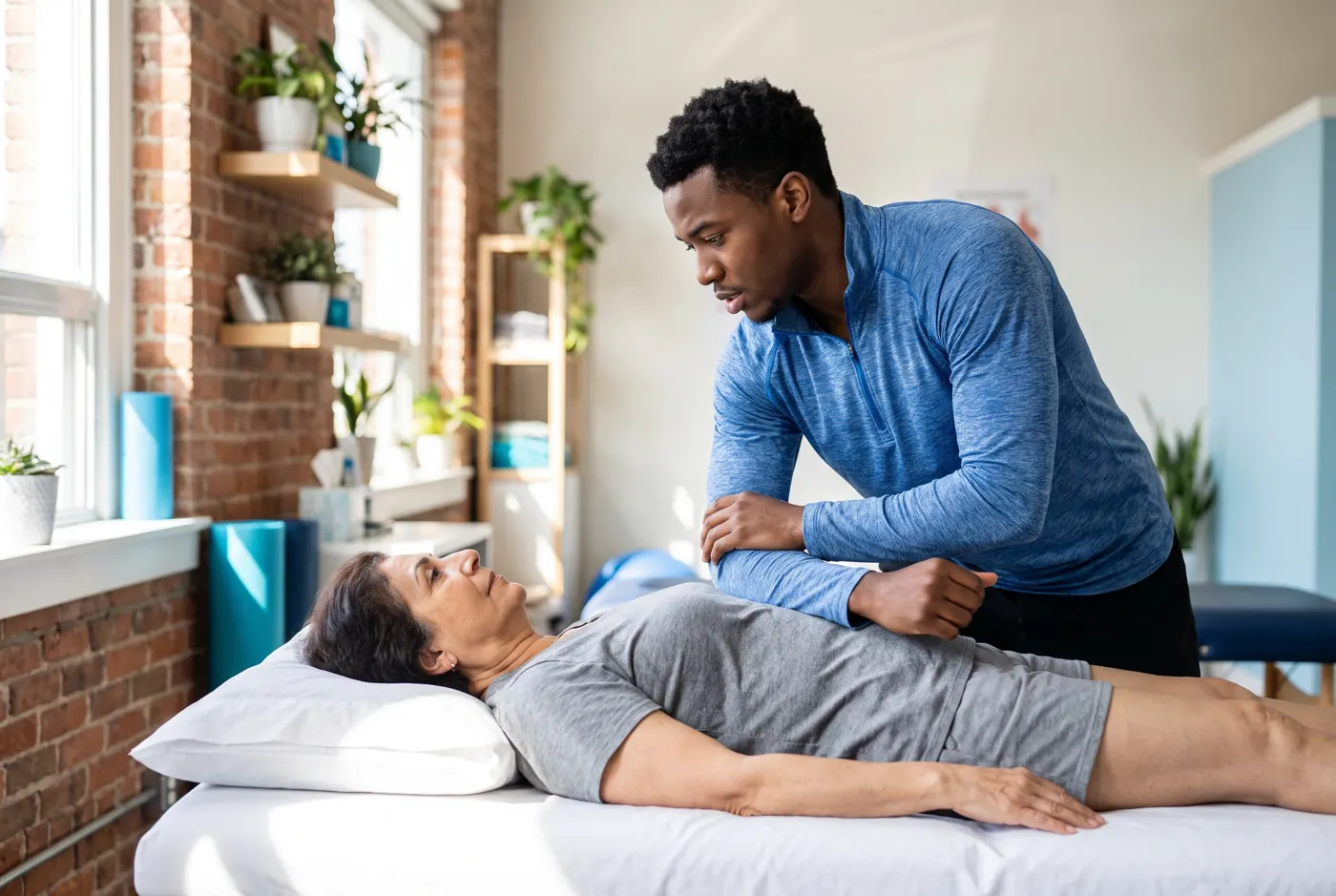 Physical therapist performing a manual therapy shoulder technique on a patient lying on a treatment table