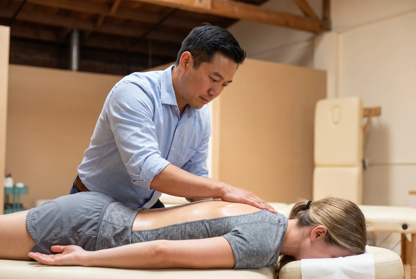 Massage therapist performing hands on back treatment