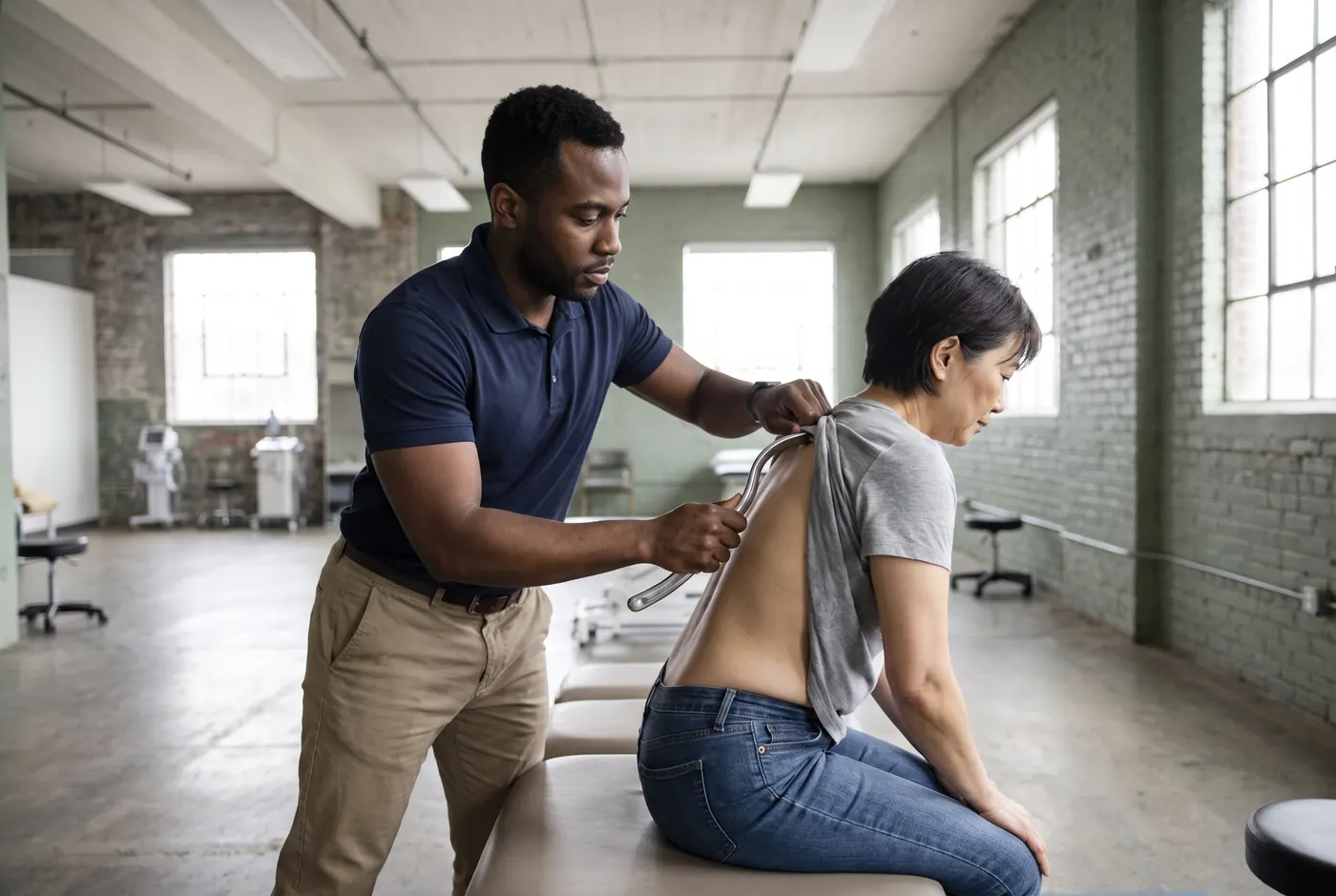 Physical therapist using an IASTM tool for manual therapy on a patient's back