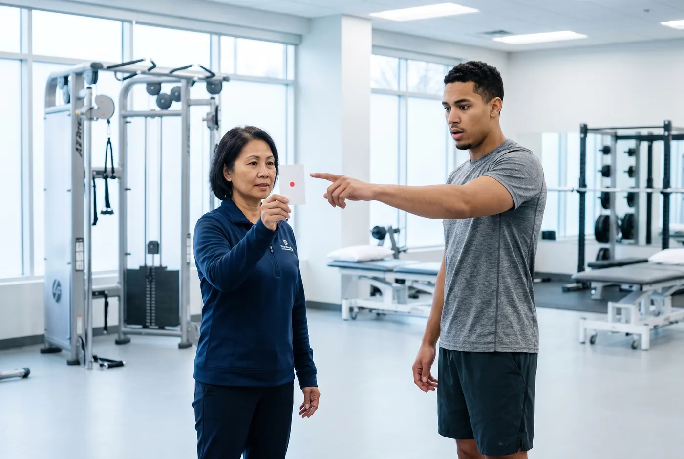Therapist guiding a patient through a vestibular gaze-tracking exercise