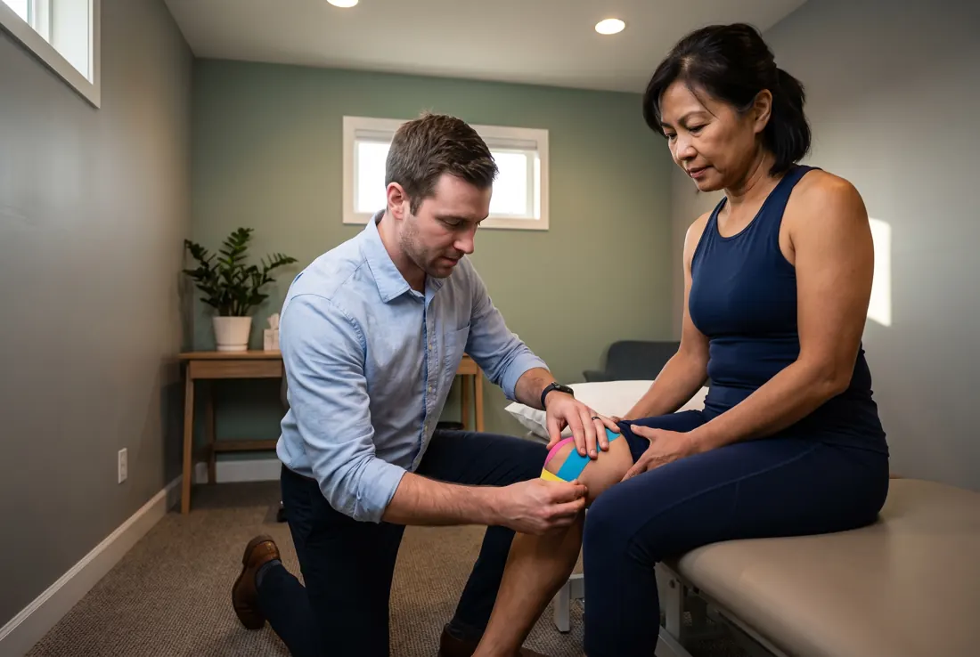 Therapist applying kinesiology tape to a patient's knee during rehabilitation