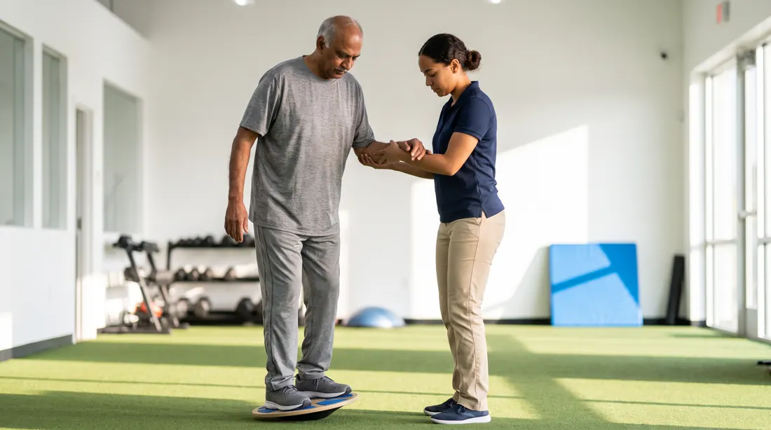 Therapist guiding a patient through balance board training