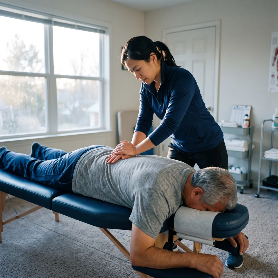 Therapist applying manual therapy to a patient's upper back for pain management