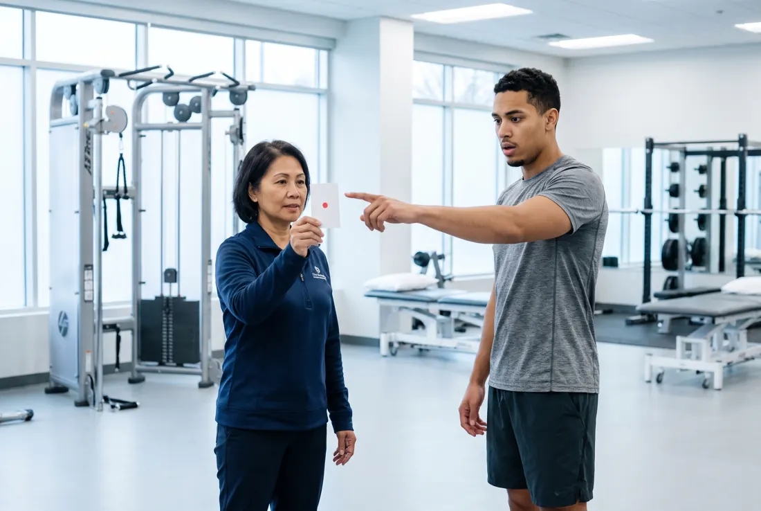 Therapist guiding a patient through a vestibular gaze-tracking exercise