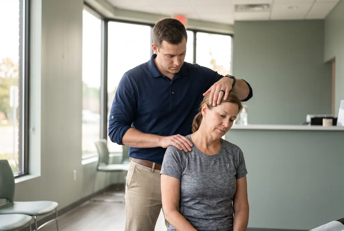 Therapist performing cervical manual therapy for headache relief