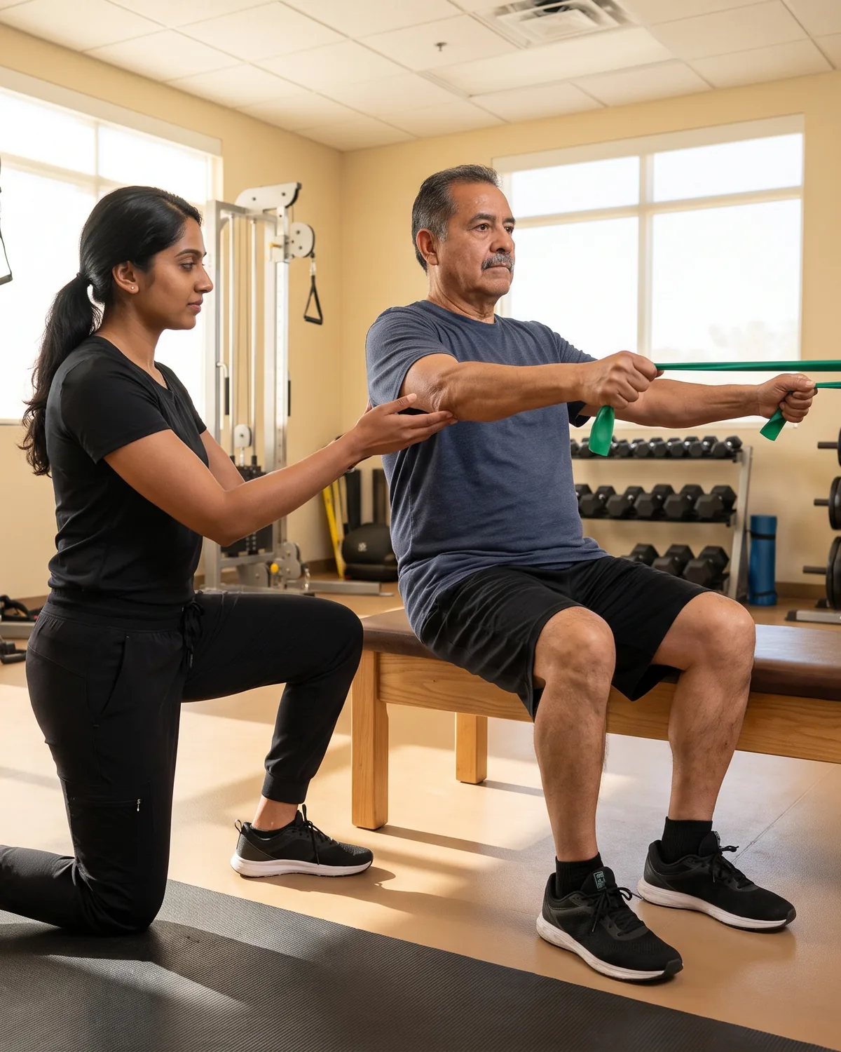 Physical therapist guiding a patient through a resistance band lunge for hip and knee strength