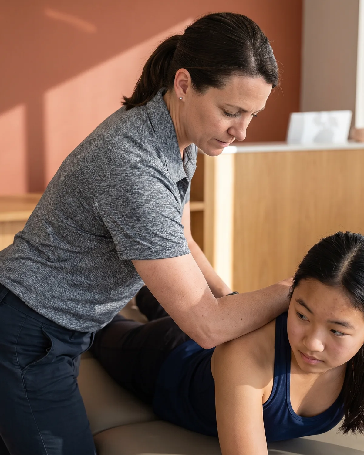 Physical therapist working on a patient's shoulder while she lies prone on a treatment table