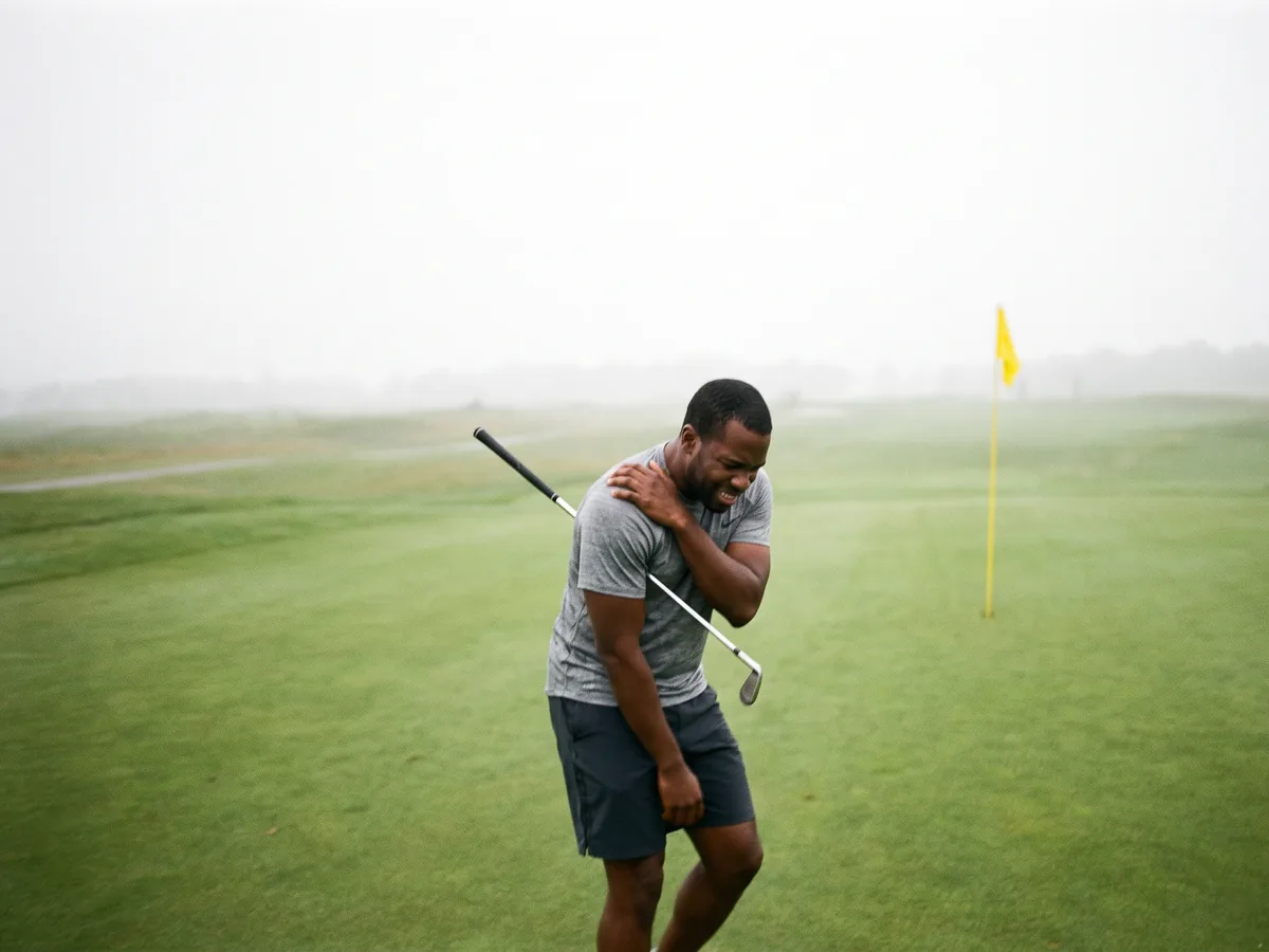 Man clutching his shoulder in pain after a golf swing