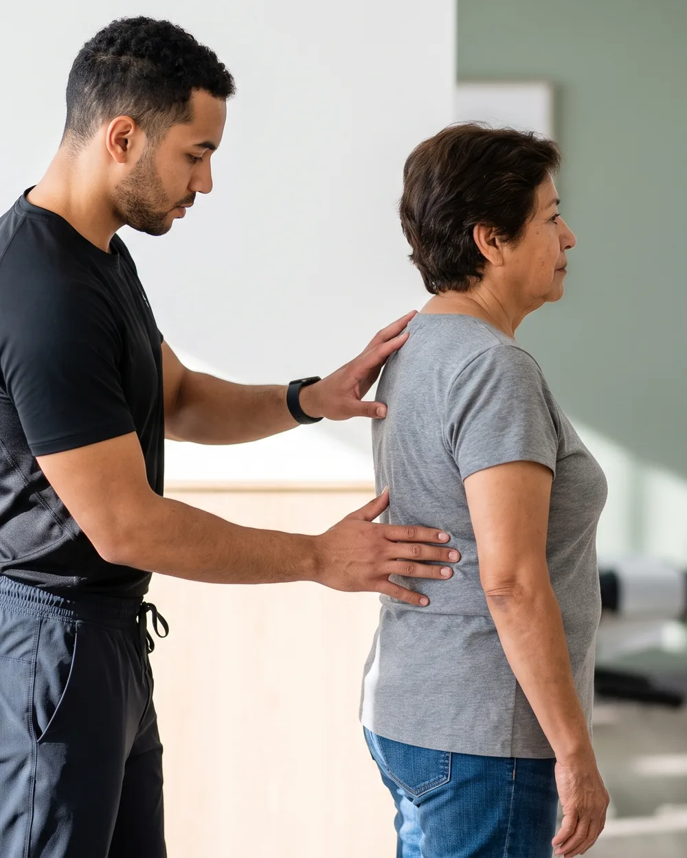 Physical therapist assessing a patient's spine and posture