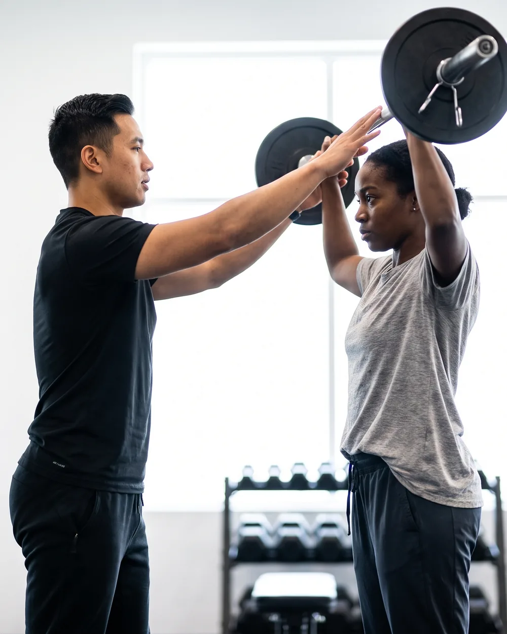 Physical therapist guiding an athlete through a sport-specific rehabilitation exercise